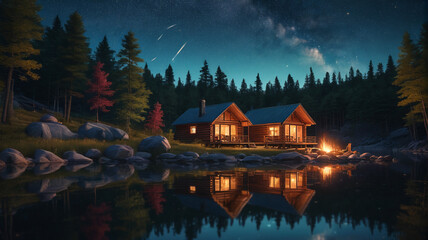 A tranquil lakeside retreat with cozy cabins, a campfire, and a star-filled sky overhead. Generative AI.