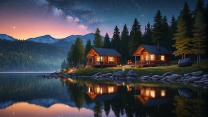Fototapeta premium A tranquil lakeside retreat with cozy cabins, a campfire, and a star-filled sky overhead. Generative AI.