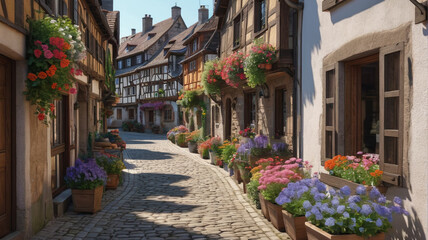 Fototapeta premium A charming European village with cobblestone streets, half-timbered houses, and colorful flower boxes adorning the windowsills. Generative AI.