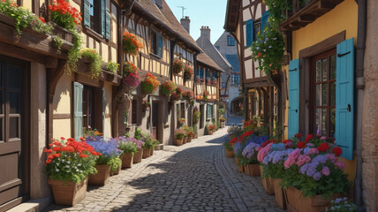 Fototapeta premium A charming European village with cobblestone streets, half-timbered houses, and colorful flower boxes adorning the windowsills. Generative AI.