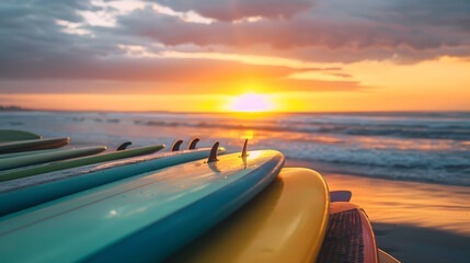 A close-up view of surfboards stacked on the sand at a beach during sunset. The sky is lit with vibrant colors, and the ocean waves gently reach the shore, creating a peaceful seaside scene.
 - Powered by Adobe