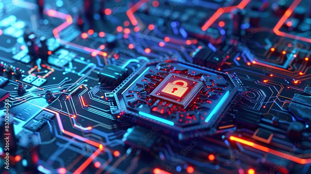 Poster High-resolution digital background ideal for technological operations, padlocks on circuit board patterns.