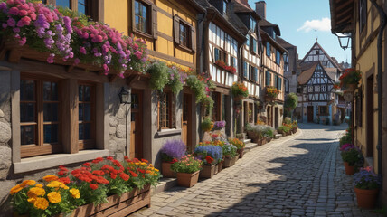 Fototapeta premium A charming European village with cobblestone streets, half-timbered houses, and colorful flower boxes adorning the windowsills. Generative AI.