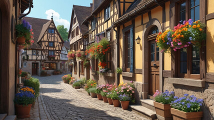 Fototapeta premium A charming European village with cobblestone streets, half-timbered houses, and colorful flower boxes adorning the windowsills. Generative AI.