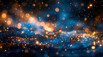 Fototapeta premium Festive dark blue and shiny golden background with golden particles, tiny flashes and bokeh. Christmas and New Year blurred background.