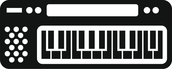 Minimalist flat vector illustration of a synthesizer keyboard silhouette icon with editable waveform and contemporary design for music production interface
