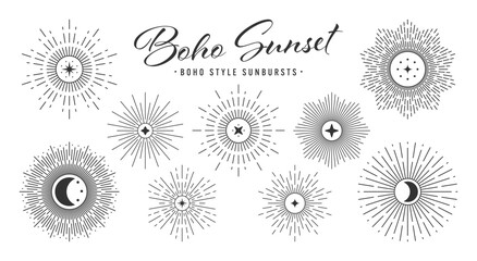 Vintage sunburst, sunset beams collection. Boho style, modern minimalist bohemian design. Hand drawn bursting sun, light rays. Logotype or lettering design element in retro style. Vector illustration