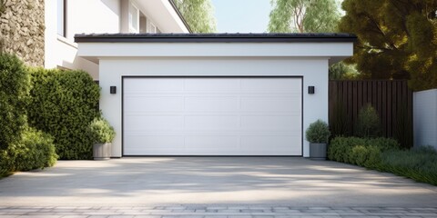 A typical garage door background.  American white garage door with a driveway in front