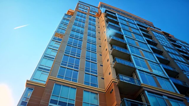 A very tall building with a modern design and countless windows showcasing a bustling urban environment, A high-rise apartment building with state-of-the-art amenities