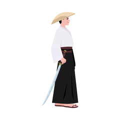 Vector illustration depicting a samurai side view in a traditional kimono with a bamboo headdress