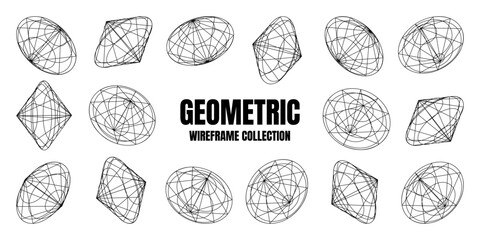 Wireframe lined shapes. Perspective mesh, 3d grid. Low poly geometric elements. Retro futuristic design elements, y2k, vaporwave and synthwave style. Vector illustration