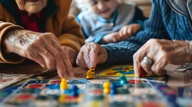 A close-up view of family members playing a board game with a child. The focus is on their hands moving game pieces, capturing a moment of intergenerational bonding and fun.