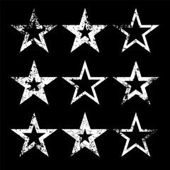 Vintage stars with cracks and stains. Old hand-drawn sign, white simple shape. Retro design element with distressed effect, grunge texture. Vector illustration