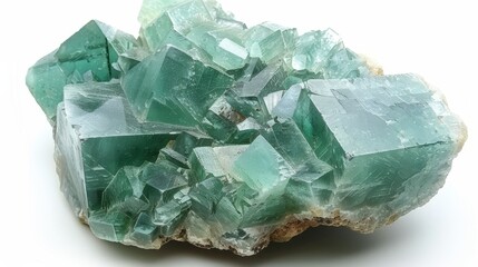 Fototapeta premium A cluster of green crystals atop a rock, resting on two white surfaces One surface is adjacent to a pane of glass