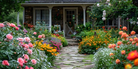 A cozy cottage garden blooming with the colors of spring. Concept Cottage Garden, Spring Blooms,...