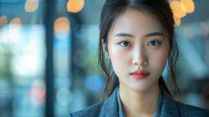 Fototapeta premium Confident young asian businesswoman portrait. Headshot of a young Asian businesswoman with a determined expression, conveying professionalism and ambition.