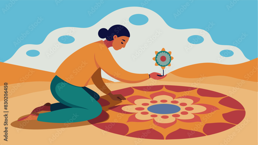 Poster a resident creating a mandala out of sand using this ancient art form to find inner peace and focus 