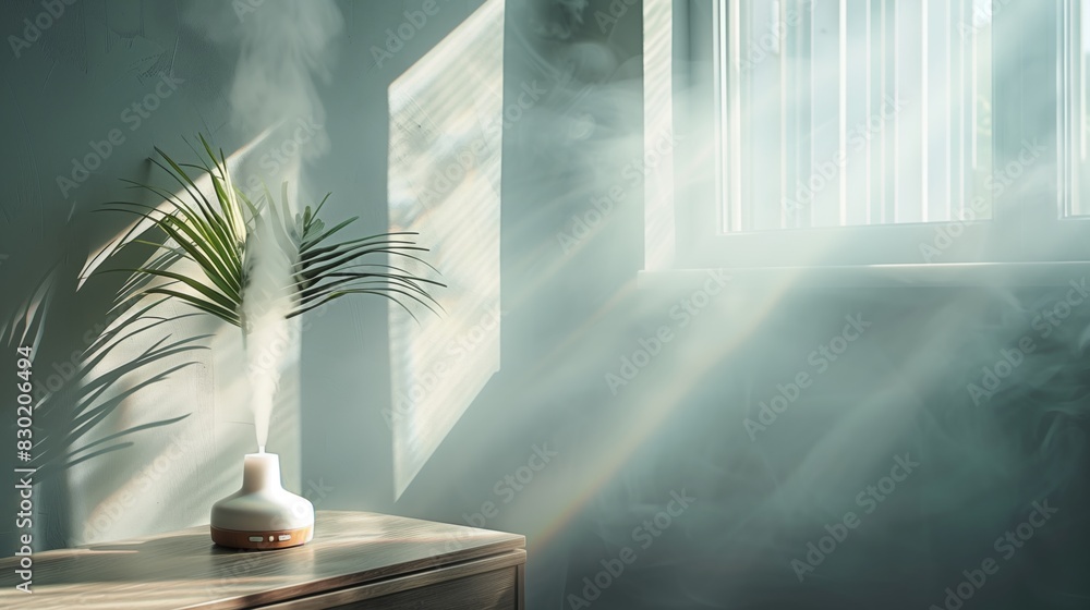 Poster a serene, minimalist interior with a diffuser by a window and sunlight filtering through its mist, a