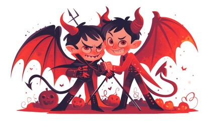 A devilish duo of adorable youngsters embodying the spirit of Mystic Monsters are all set for a Halloween bash This charming illustration in a sleek cartoon design against a white backdrop i