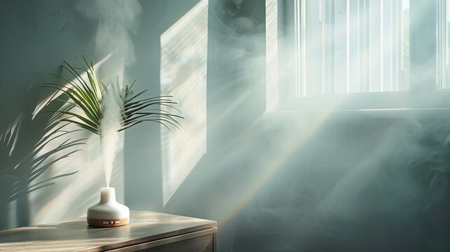 A serene, minimalist interior with a diffuser by a window and sunlight filtering through its mist, adds tranquility.
