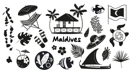 Maldives glyph icons set. Beach resort. Black filled symbols collection. Isolated vector stock illustration
