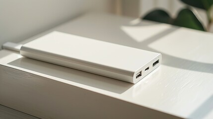 Power Bank: Positioned on a bright surface, a modern power bank is stylishly photographed. Its details and ports are visible, emphasizing both its design and ease of use 