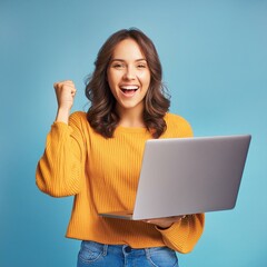 Junge glückliche Frau hält eine  laptop in der hand und freut sich wahnsinnig. 
