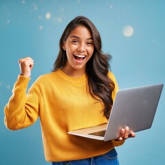 Junge glückliche Frau hält eine  laptop in der hand und freut sich wahnsinnig. 