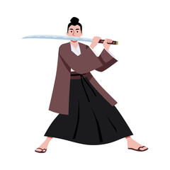 Vector icon depicting a samurai in a fighting pose with a katana in his hands