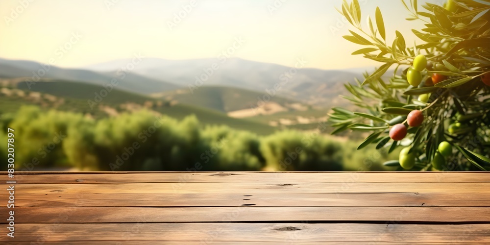 Aufkleber displaying products on an old wooden table with a bokeh background of a green olive field. concept p