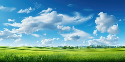 Beautiful grassy fields and summer blue sky with fluffy white clouds in the wind background
