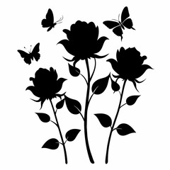 Black roses flowers silhouette set vector drawing