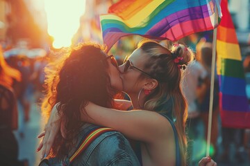 pride month celebration. Couple gay lesbian kissing