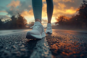 Close up of a woman's legs running on the road, sport shoes