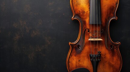  A tight shot of an antiquated violin against a black backdrop The violin's back bears a speck of paint, while its bottom has been scraped away