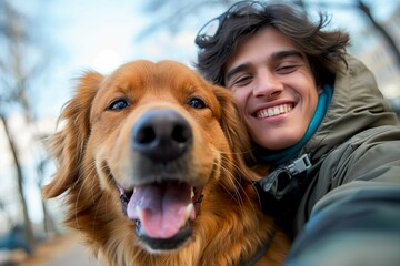 Happy young man taking selfie with his giant dog at the park, laughing and playing together in sunny day, love for animals concept 