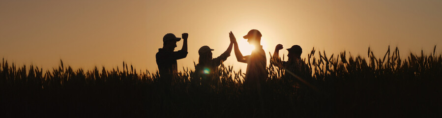 A group of young farmers makes the mark high five in a field of wheat. Wide shot