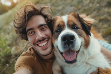 Happy young man taking selfie with his giant dog at the park, laughing and playing together in sunny day, love for animals concept 