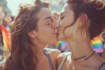 Lesbian couple kisses while holding rainbow flags surrounded in the style of happy people at the street, an lgbt pride month concept.