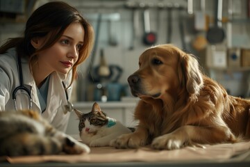 Young female vet doctor examines human and animal patients, with a golden retriever dog and cat on a table in a clinic background.