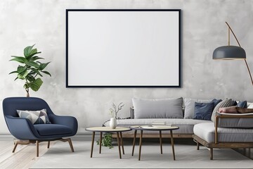/imagine: A chic living room with an empty wall frame mockup in a deep navy blue, standing out against a light grey wall, with stylish mid-century modern furniture.