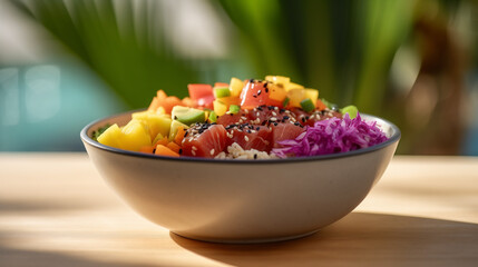 Huawei poke bowl photoshoot on a wooden table