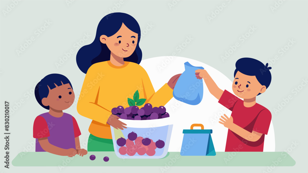 Poster a pack of mixed berries and gs are washed and packed into a reusable snack bag by a parent ready for