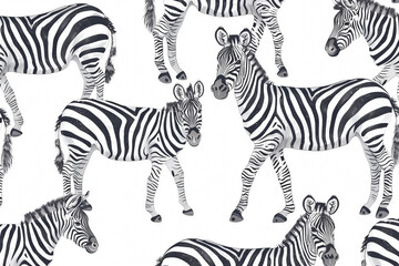 Seamless pattern with cute cartoon zebras on a white background
