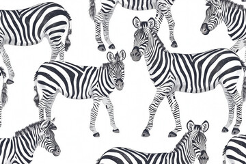 Seamless pattern with cute cartoon zebras on a white background