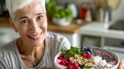 Smiling Senior Woman Enjoying a Healthy Bowl of Fruit and Yogurt