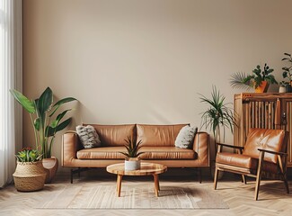 A stylish living room interior with a brown leather sofa, armchair and coffee table against a beige wall mock up, a simple wooden cabinet near a window, plants on a sideboard