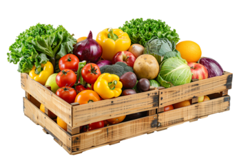 wooden box with fresh vegetables and fruit on a transparent background