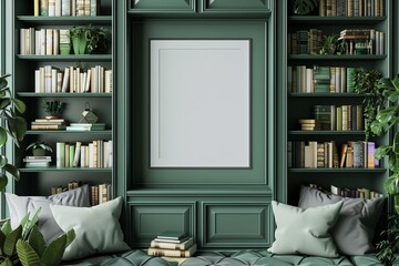 /imagine: A cozy reading nook with an empty wall frame mockup in a forest green color, nestled among built-in bookshelves filled with books and plants.