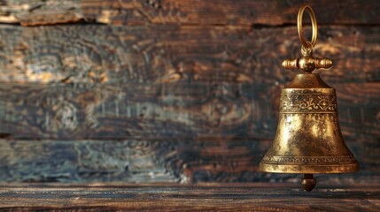 brass bell on wooden background with copyspace